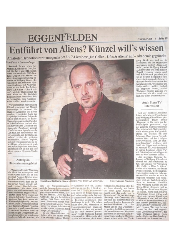 Pressebericht über die TV-Teilnahme von Wolfgang Künzel bei Uri Geller