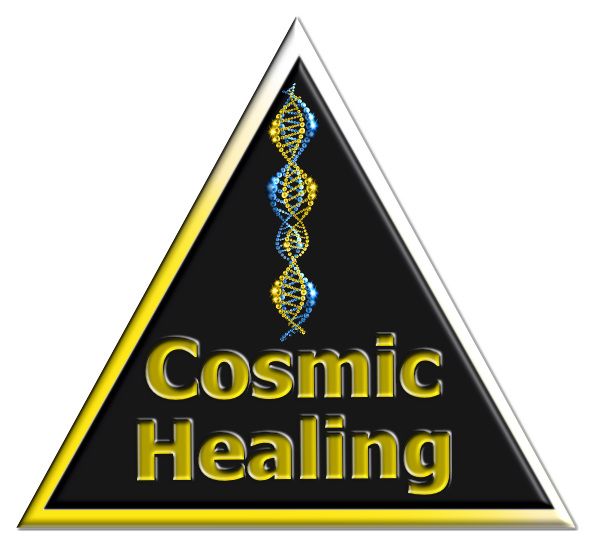 Cosmic Healing Logo - gold-blaue DNA in einem schwarzen Dreieck mit Cosmic Healing Schriftzug