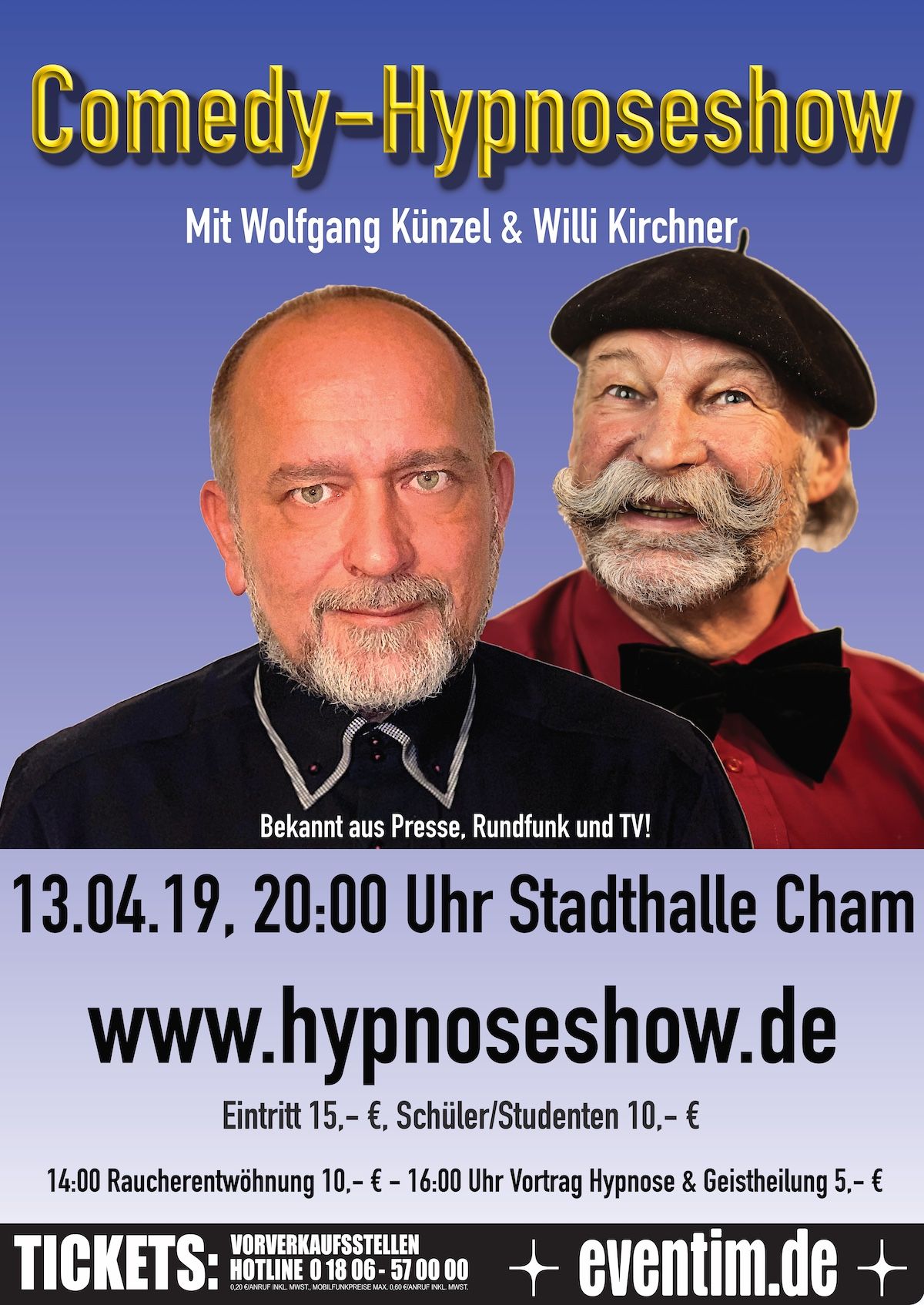 Plakat der Comedy Hypnoseshow am 13.4.19 in der Stadthalle Cham
